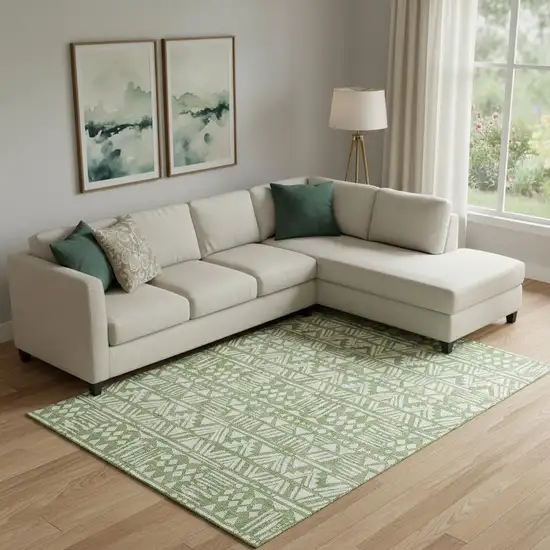 Green And Ivory Southwestern Washable Area Rug With UV Protection Photo 1