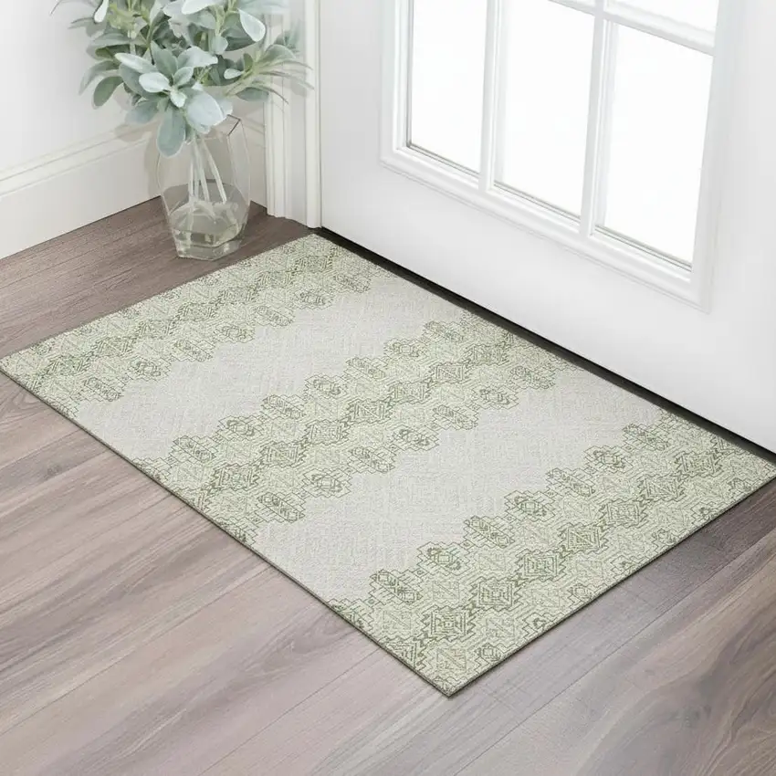 Green And Ivory Southwestern Washable Area Rug With UV Protection Photo 2