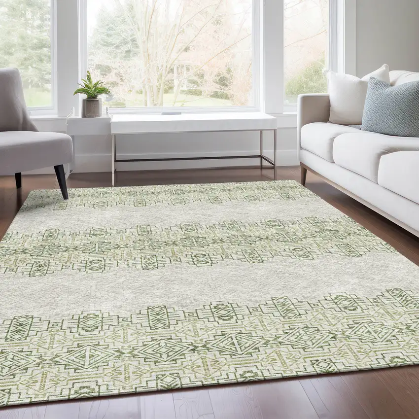 Green And Ivory Southwestern Washable Area Rug With UV Protection Photo 5