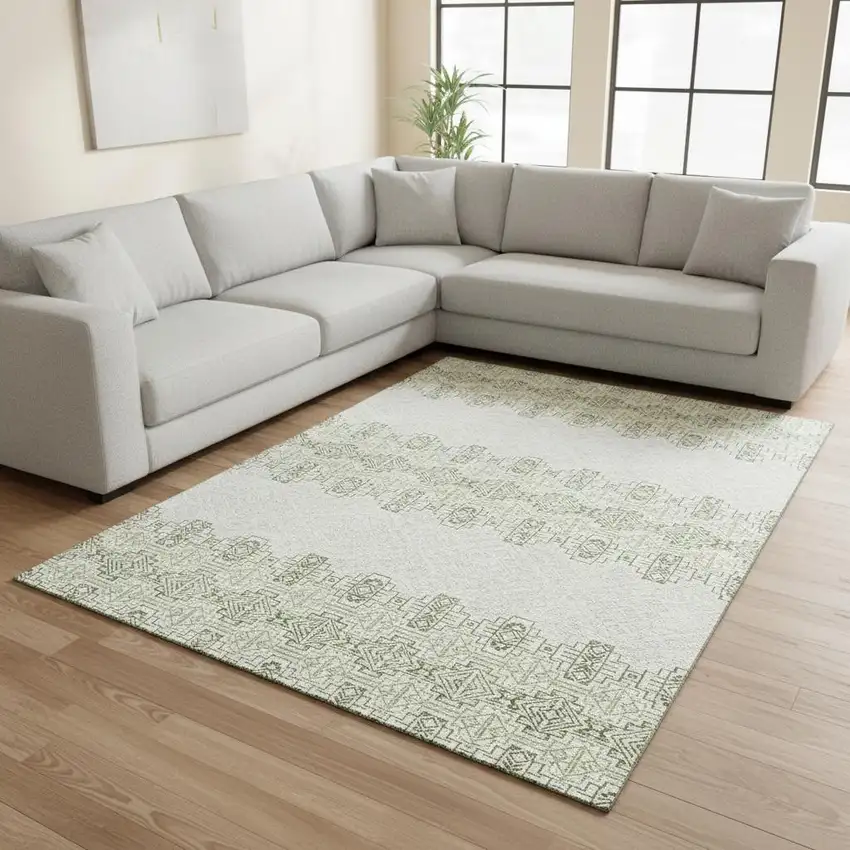Green And Ivory Southwestern Washable Area Rug With UV Protection Photo 2