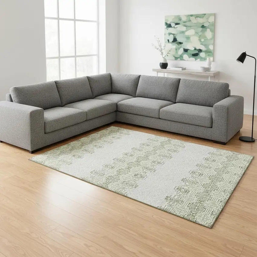 Green And Ivory Southwestern Washable Area Rug With UV Protection Photo 2