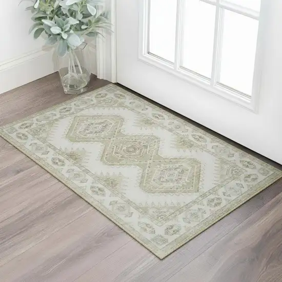 Green And Ivory Southwestern Washable Area Rug Photo 1