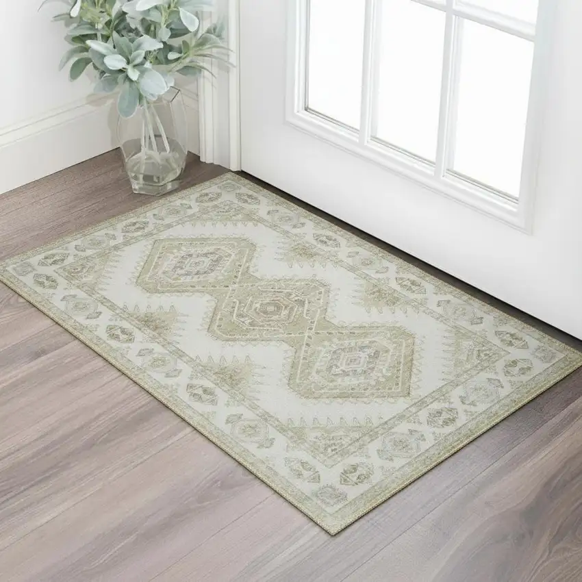 Green And Ivory Southwestern Washable Area Rug Photo 1