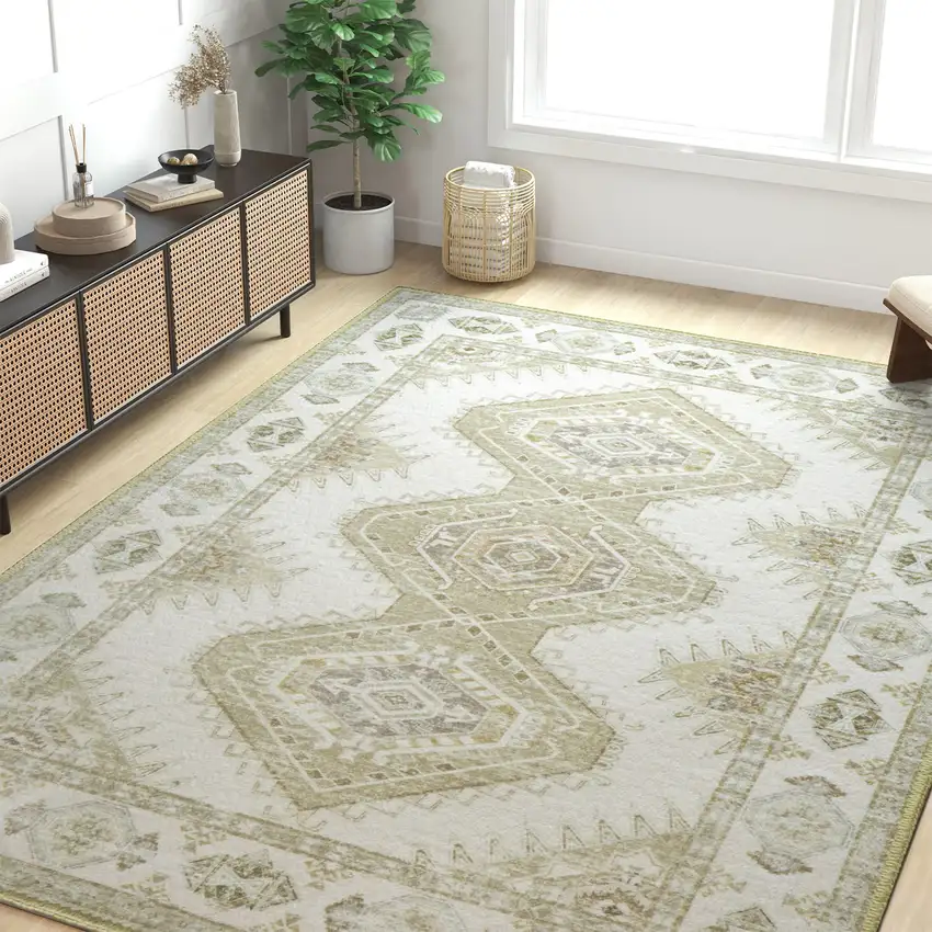 Green And Ivory Southwestern Washable Area Rug Photo 5