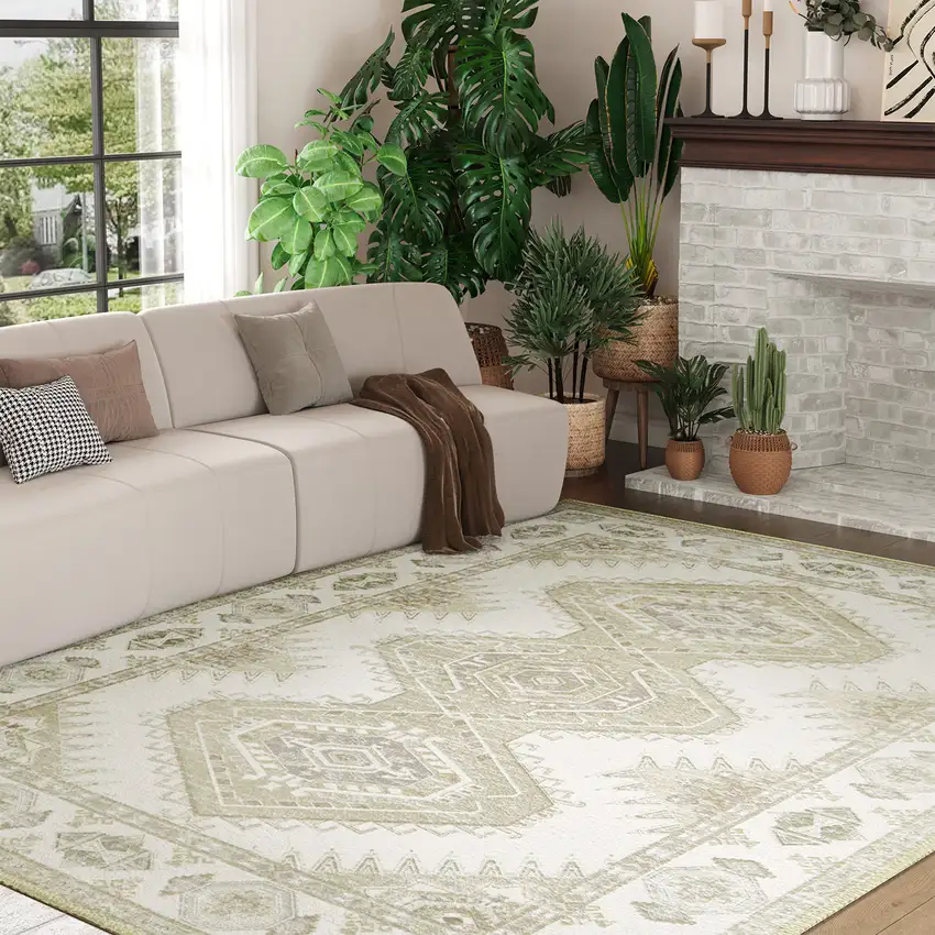 Green And Ivory Southwestern Washable Area Rug Photo 5