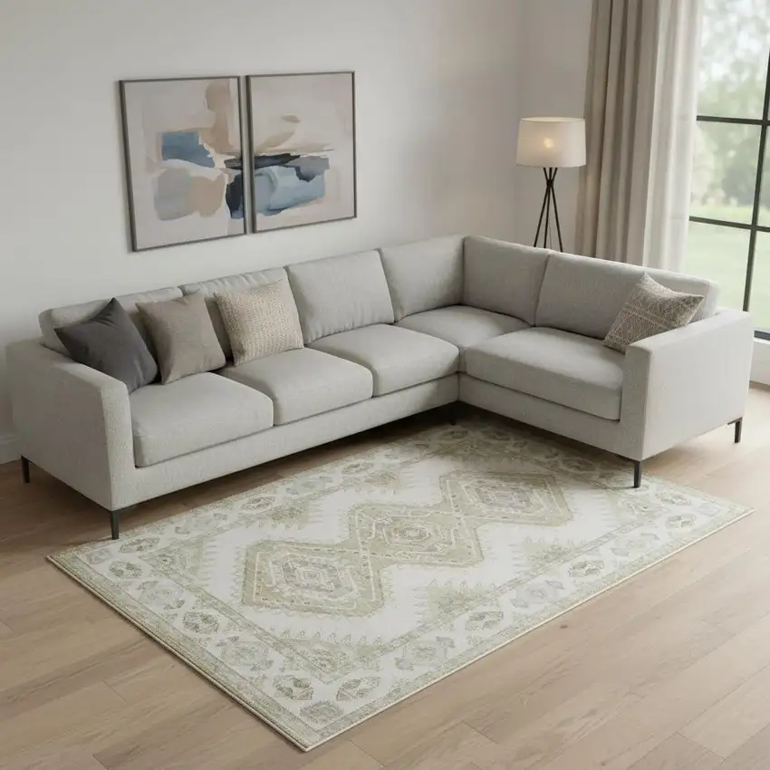 Green And Ivory Southwestern Washable Area Rug Photo 1