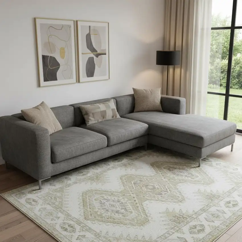 Green And Ivory Southwestern Washable Area Rug Photo 1