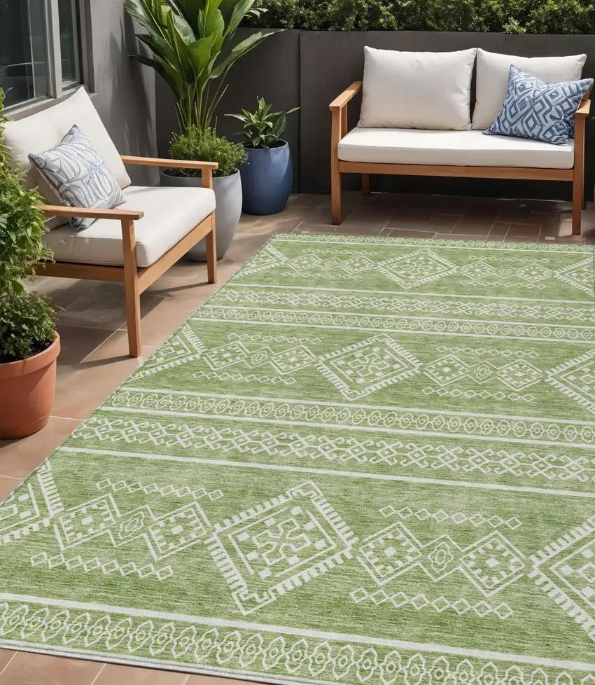 Green And Ivory Southwestern Washable Indoor Outdoor Area Rug Photo 1