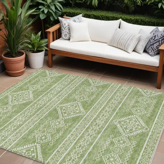 Green And Ivory Southwestern Washable Indoor Outdoor Area Rug Photo 1