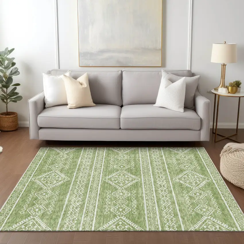 Green And Ivory Southwestern Washable Indoor Outdoor Area Rug Photo 9