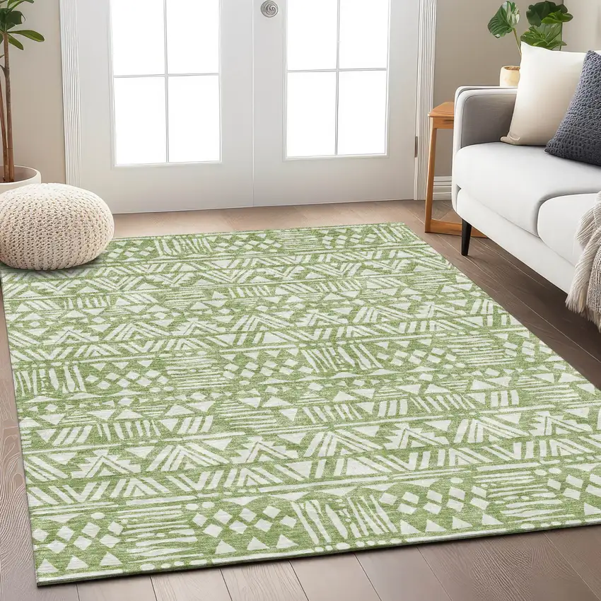 Green And Ivory Southwestern Washable Indoor Outdoor Area Rug Photo 7
