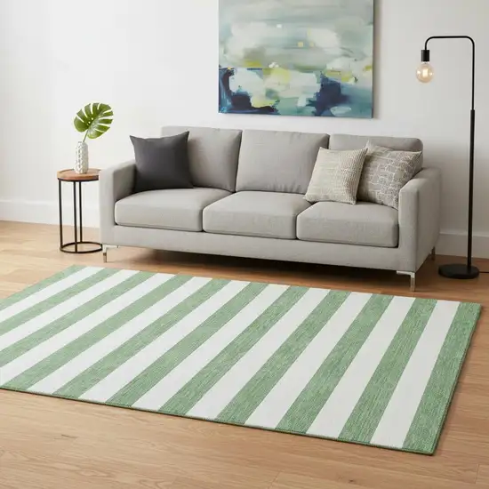 Green And Ivory Striped Washable Area Rug With UV Protection Photo 2