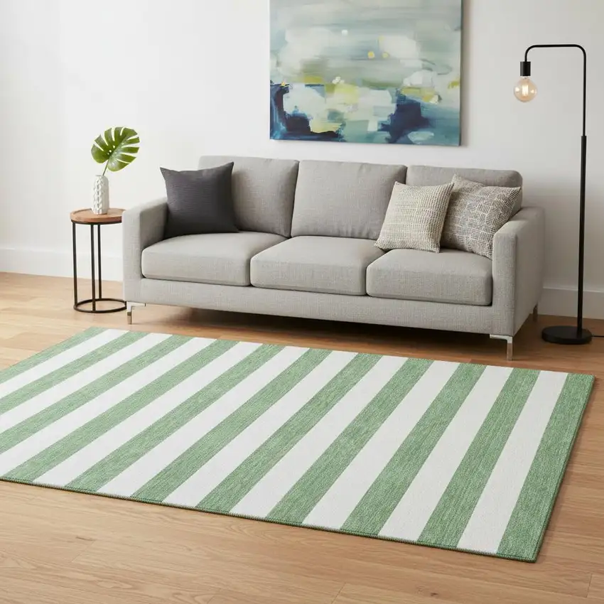 Green And Ivory Striped Washable Area Rug With UV Protection Photo 2