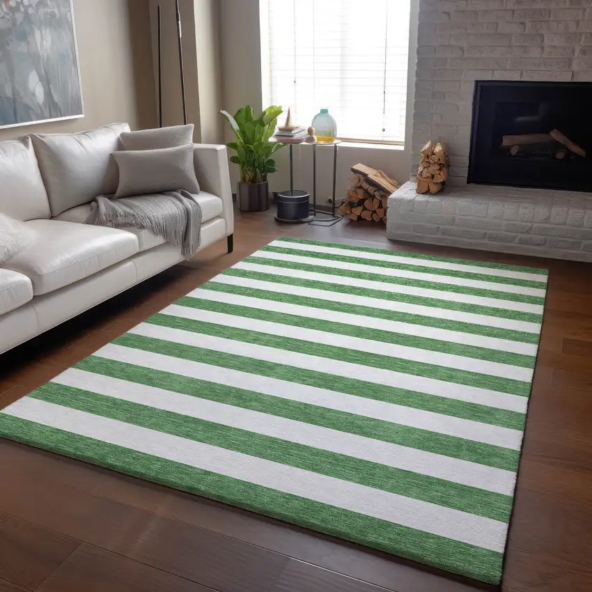 Green And Ivory Striped Washable Area Rug With UV Protection Photo 5