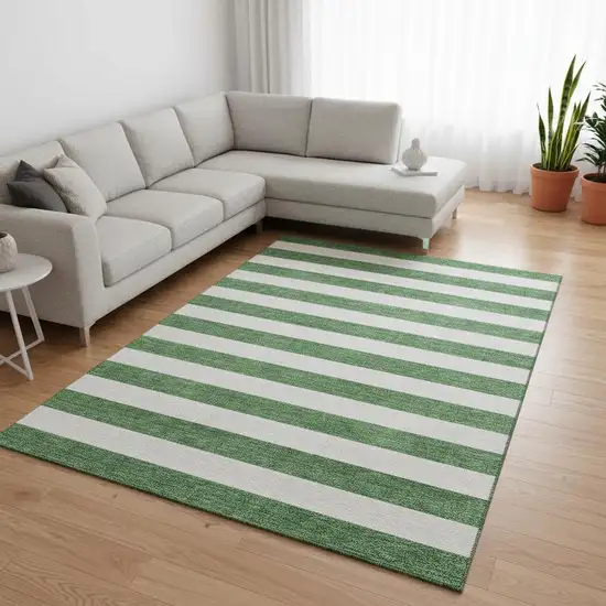 Green And Ivory Striped Washable Area Rug With UV Protection Photo 2