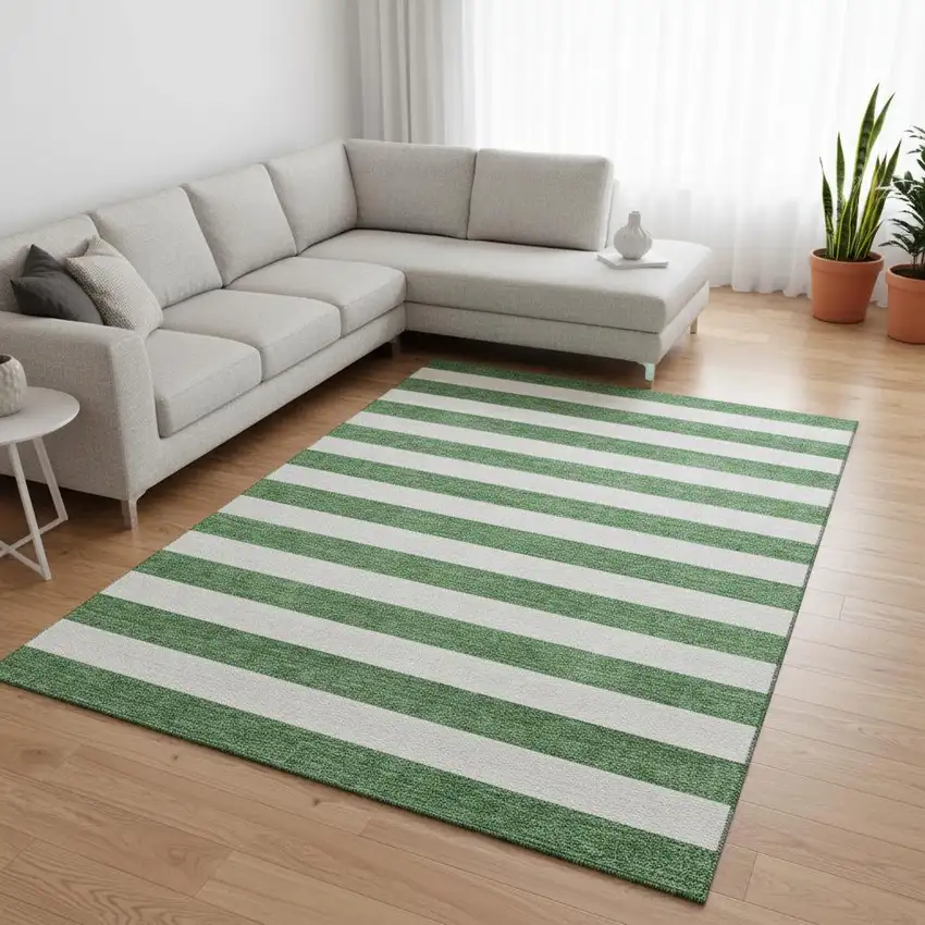 Green And Ivory Striped Washable Area Rug With UV Protection Photo 2