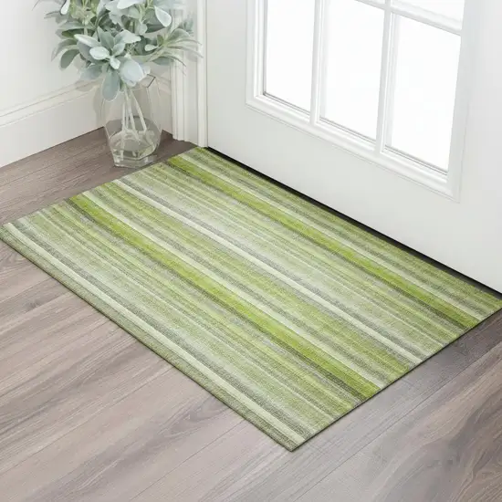 Green And Ivory Striped Washable Area Rug With UV Protection Photo 1