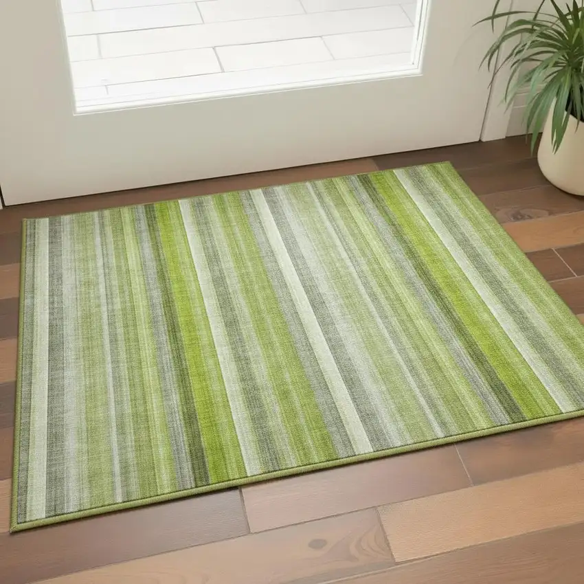 Green And Ivory Striped Washable Area Rug With UV Protection Photo 2