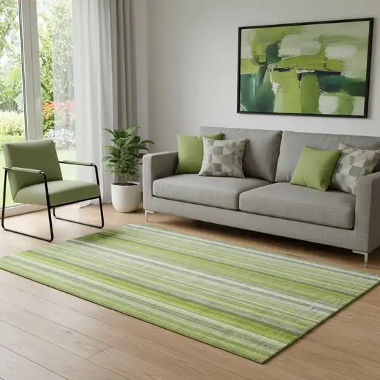 Green And Ivory Striped Washable Area Rug With UV Protection Photo 1