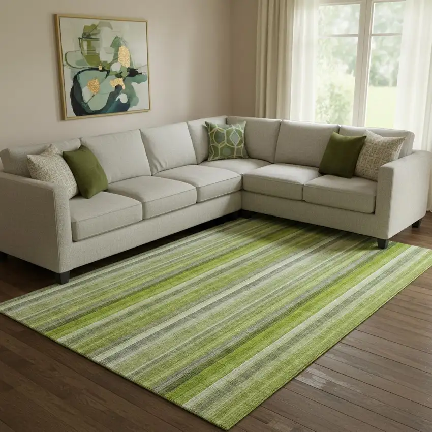 Green And Ivory Striped Washable Area Rug With UV Protection Photo 1