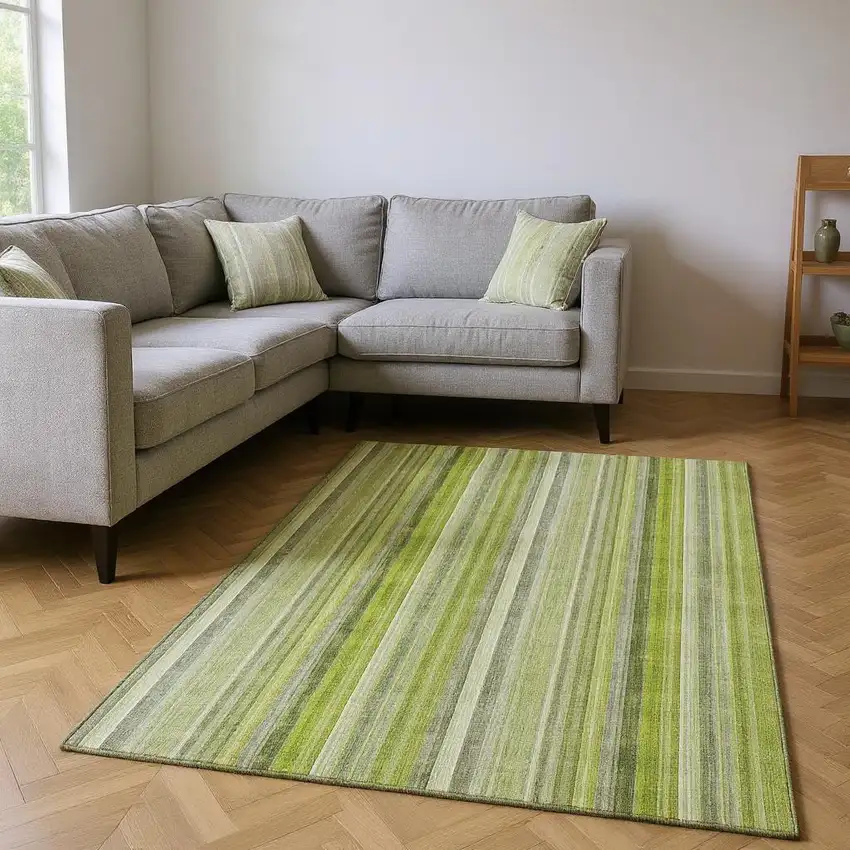 Green And Ivory Striped Washable Area Rug With UV Protection Photo 2