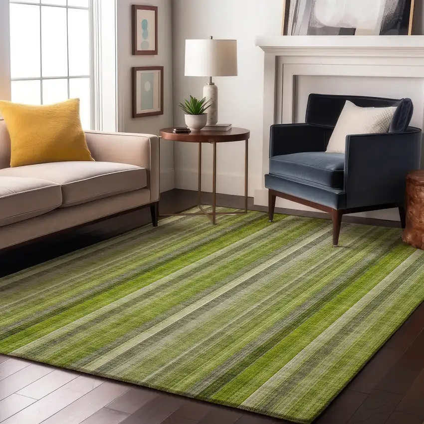 Green And Ivory Striped Washable Area Rug With UV Protection Photo 5