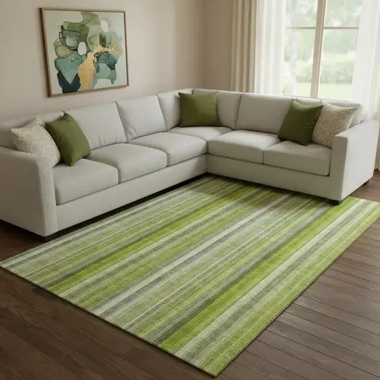 Green And Ivory Striped Washable Area Rug With UV Protection Photo 1
