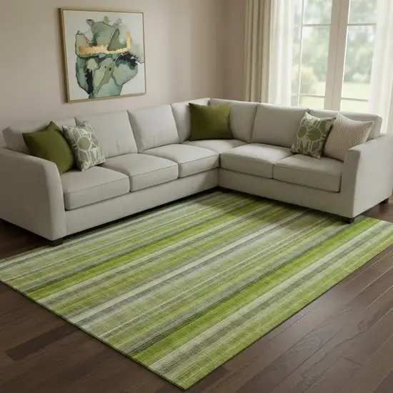 Green And Ivory Striped Washable Area Rug With UV Protection Photo 1