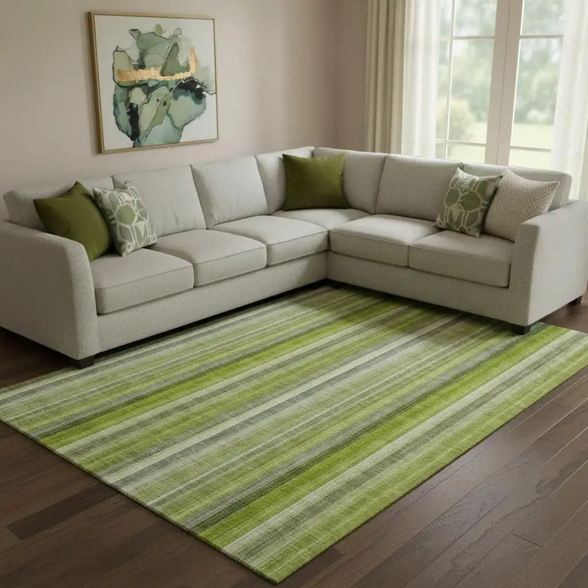 Green And Ivory Striped Washable Area Rug With UV Protection Photo 1