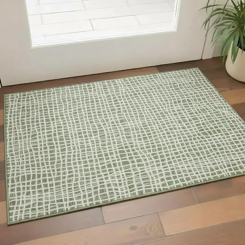 Green And Ivory Striped Washable Area Rug With UV Protection Photo 1