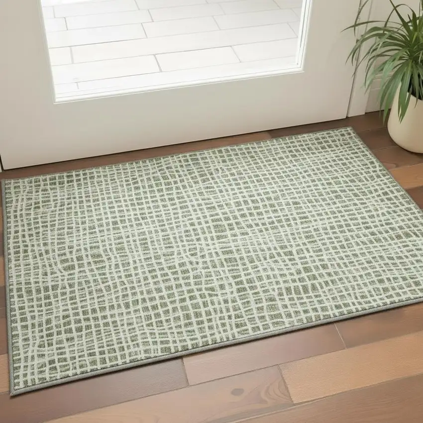 Green And Ivory Striped Washable Area Rug With UV Protection Photo 2