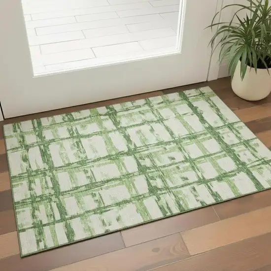 Green And Ivory Striped Washable Area Rug With UV Protection Photo 1