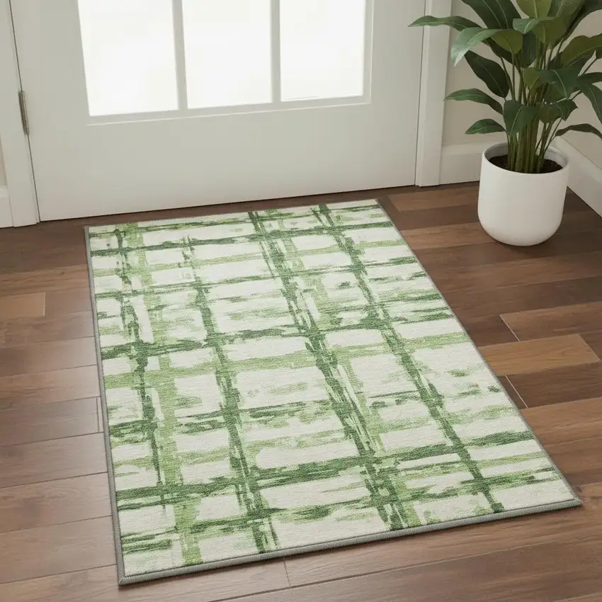 Green And Ivory Striped Washable Area Rug With UV Protection Photo 2