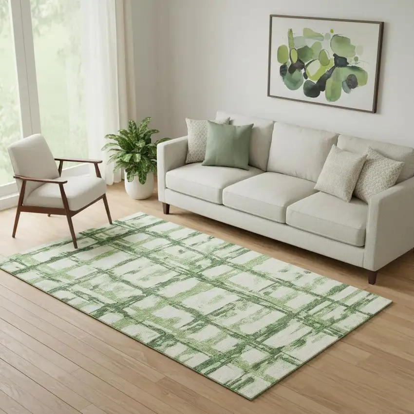 Green And Ivory Striped Washable Area Rug With UV Protection Photo 1