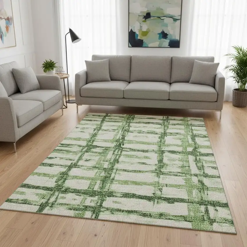 Green And Ivory Striped Washable Area Rug With UV Protection Photo 2