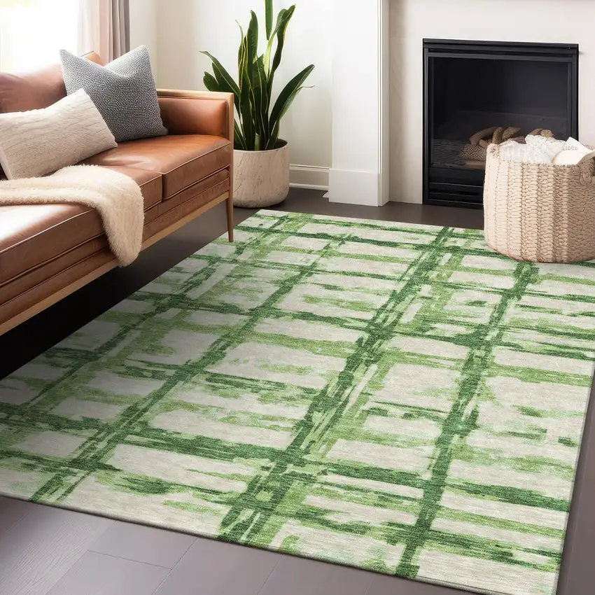 Green And Ivory Striped Washable Area Rug With UV Protection Photo 6