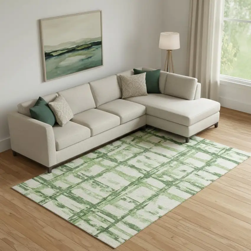 Green And Ivory Striped Washable Area Rug With UV Protection Photo 1