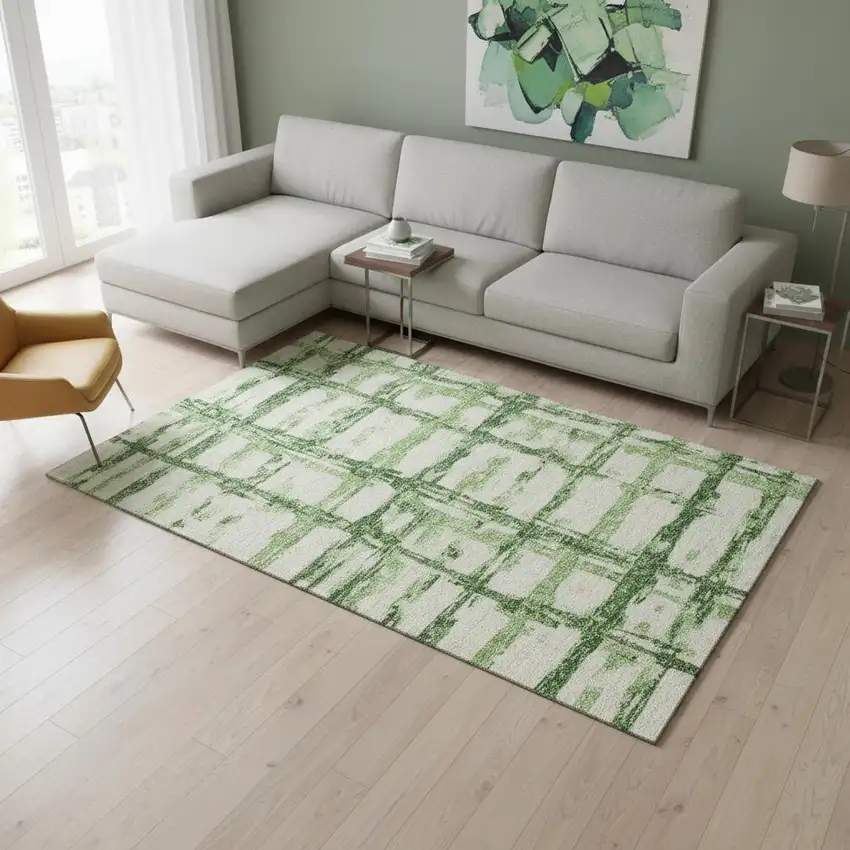 Green And Ivory Striped Washable Area Rug With UV Protection Photo 2