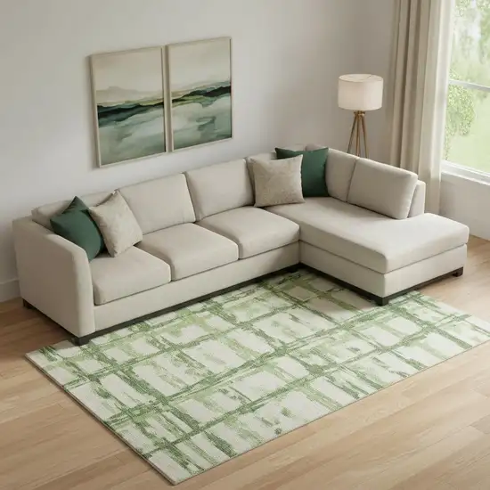 Green And Ivory Striped Washable Area Rug With UV Protection Photo 1