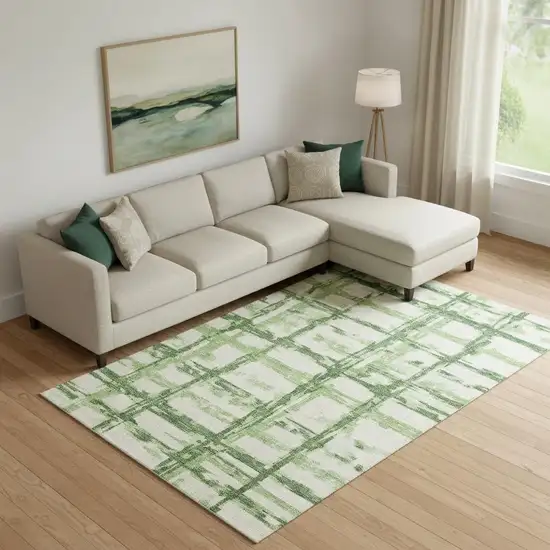 Green And Ivory Striped Washable Area Rug With UV Protection Photo 1