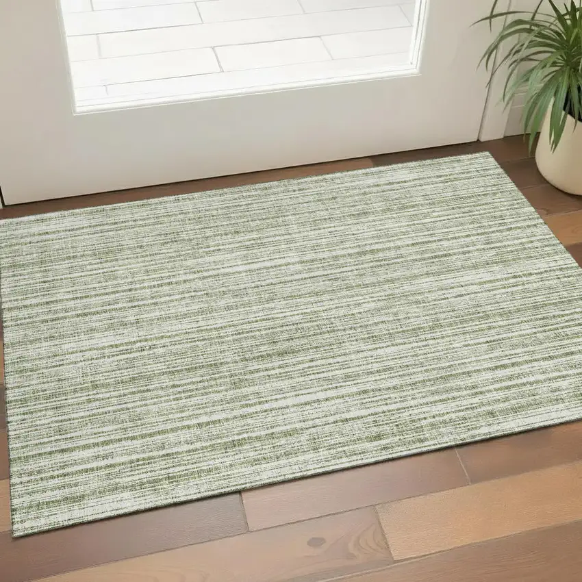 Green And Ivory Striped Washable Area Rug With UV Protection Photo 1