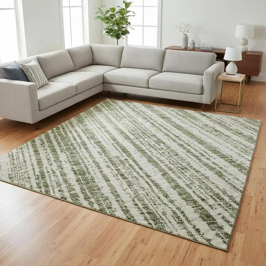 Green And Ivory Striped Washable Area Rug With UV Protection Photo 2