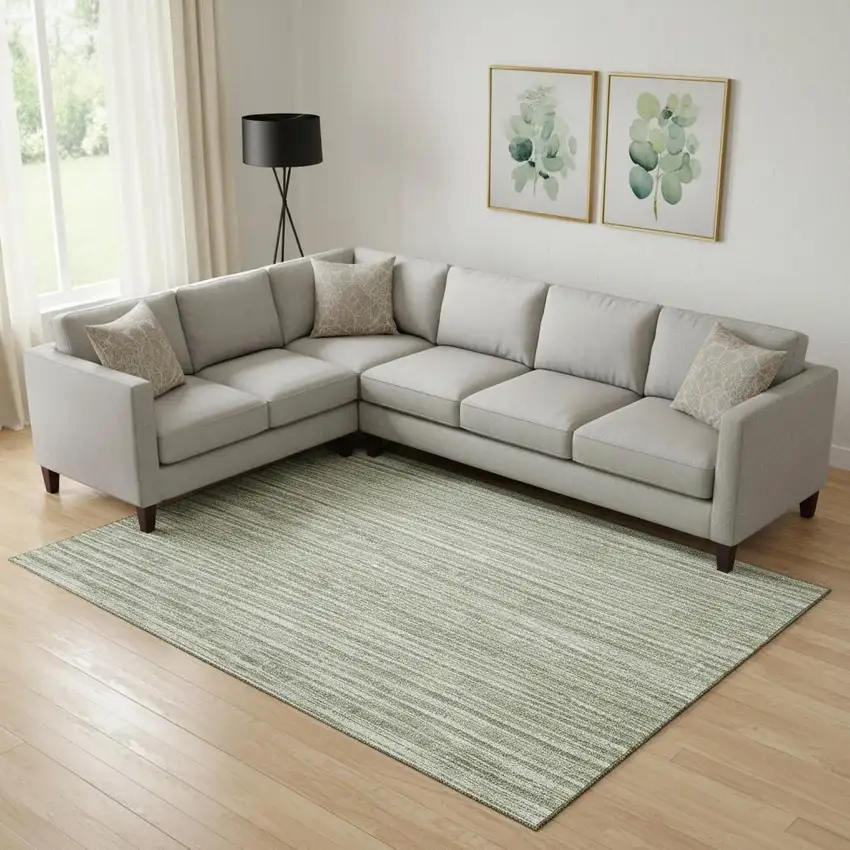 Green And Ivory Striped Washable Area Rug With UV Protection Photo 1