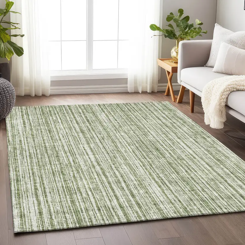Green And Ivory Striped Washable Area Rug With UV Protection Photo 4