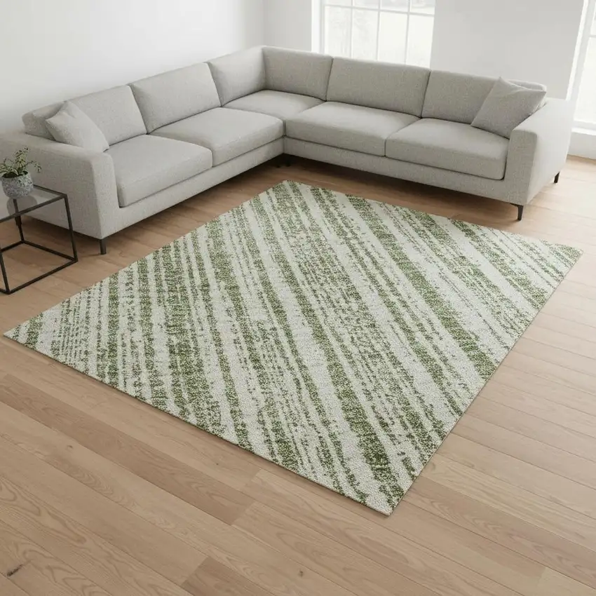 Green And Ivory Striped Washable Area Rug With UV Protection Photo 2