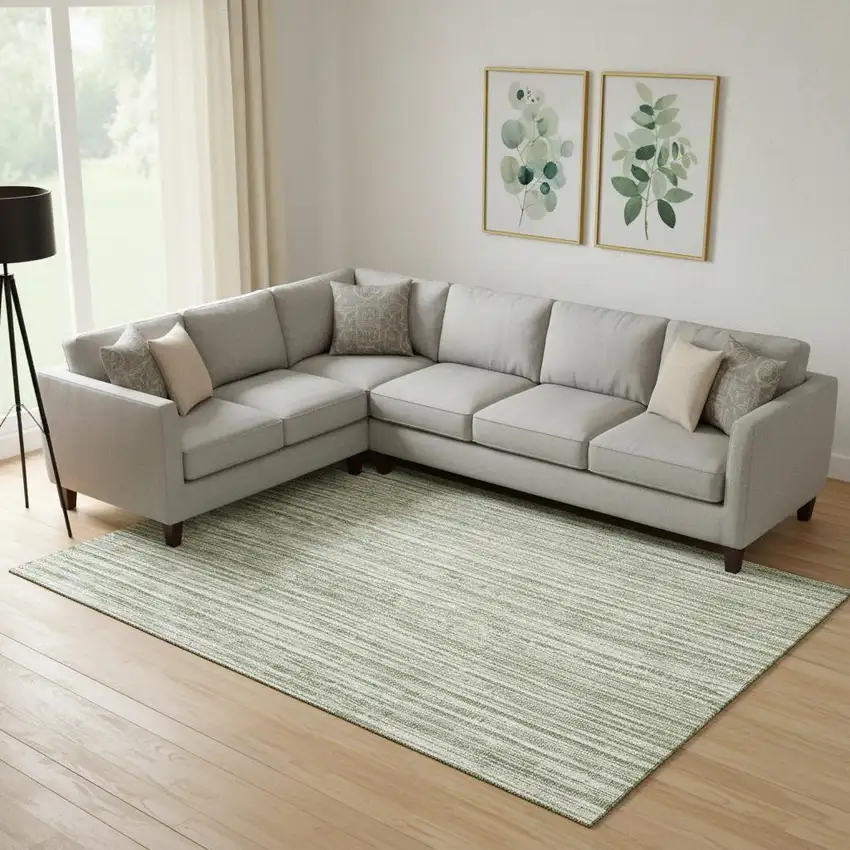 Green And Ivory Striped Washable Area Rug With UV Protection Photo 1