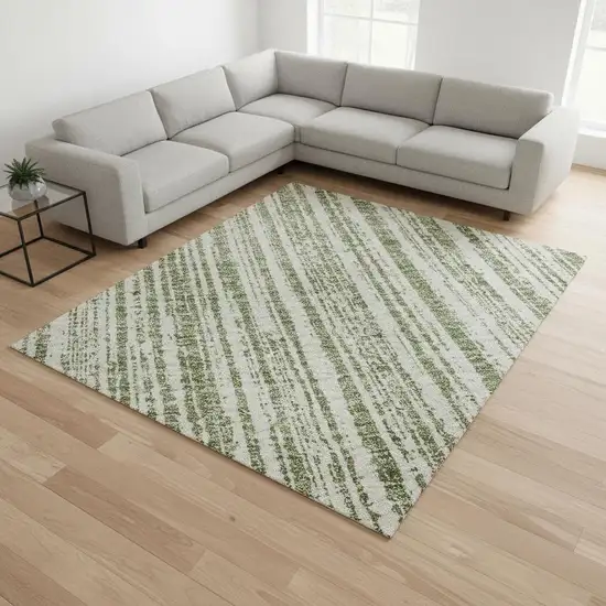 Green And Ivory Striped Washable Area Rug With UV Protection Photo 2