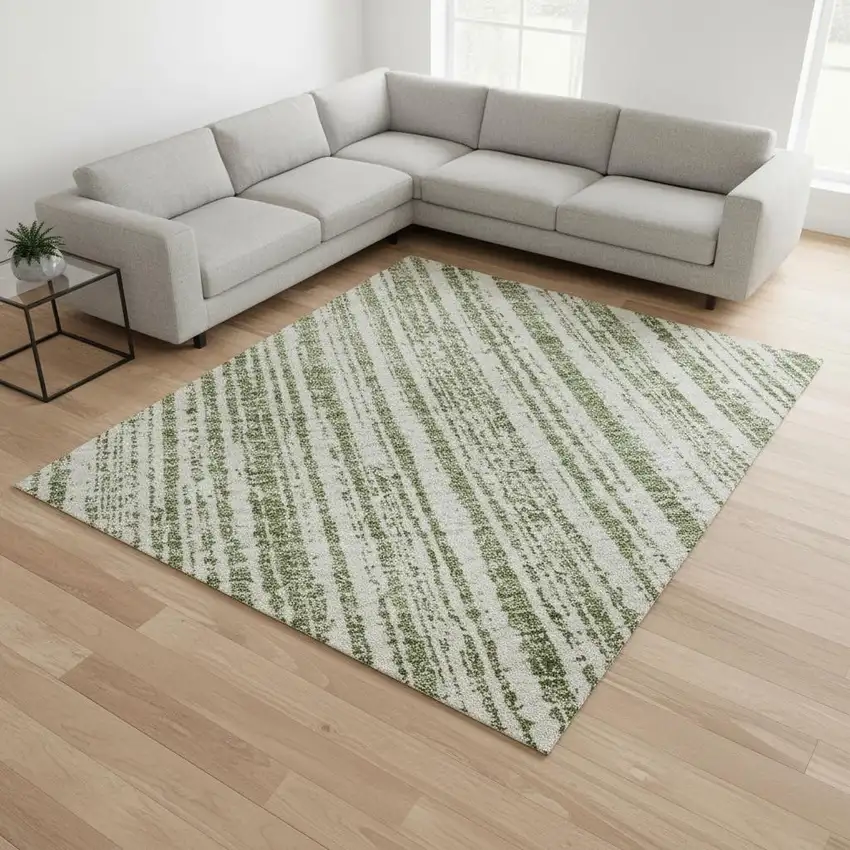 Green And Ivory Striped Washable Area Rug With UV Protection Photo 2