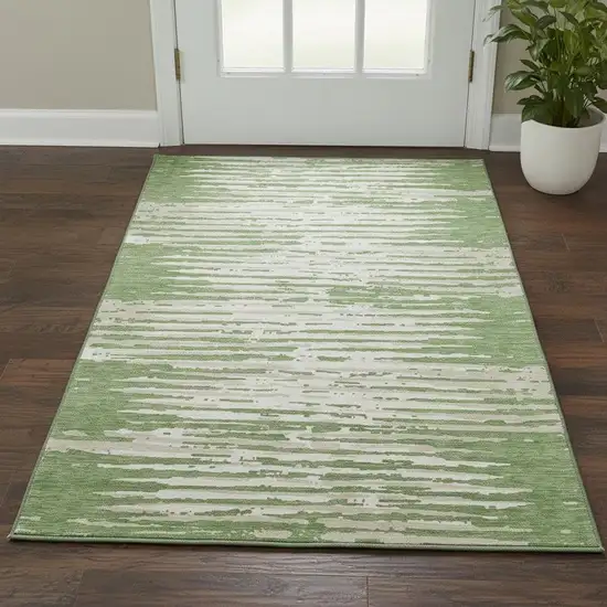 Green And Ivory Striped Washable Area Rug With UV Protection Photo 2