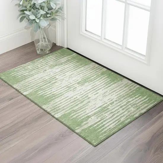 Green And Ivory Striped Washable Area Rug With UV Protection Photo 1